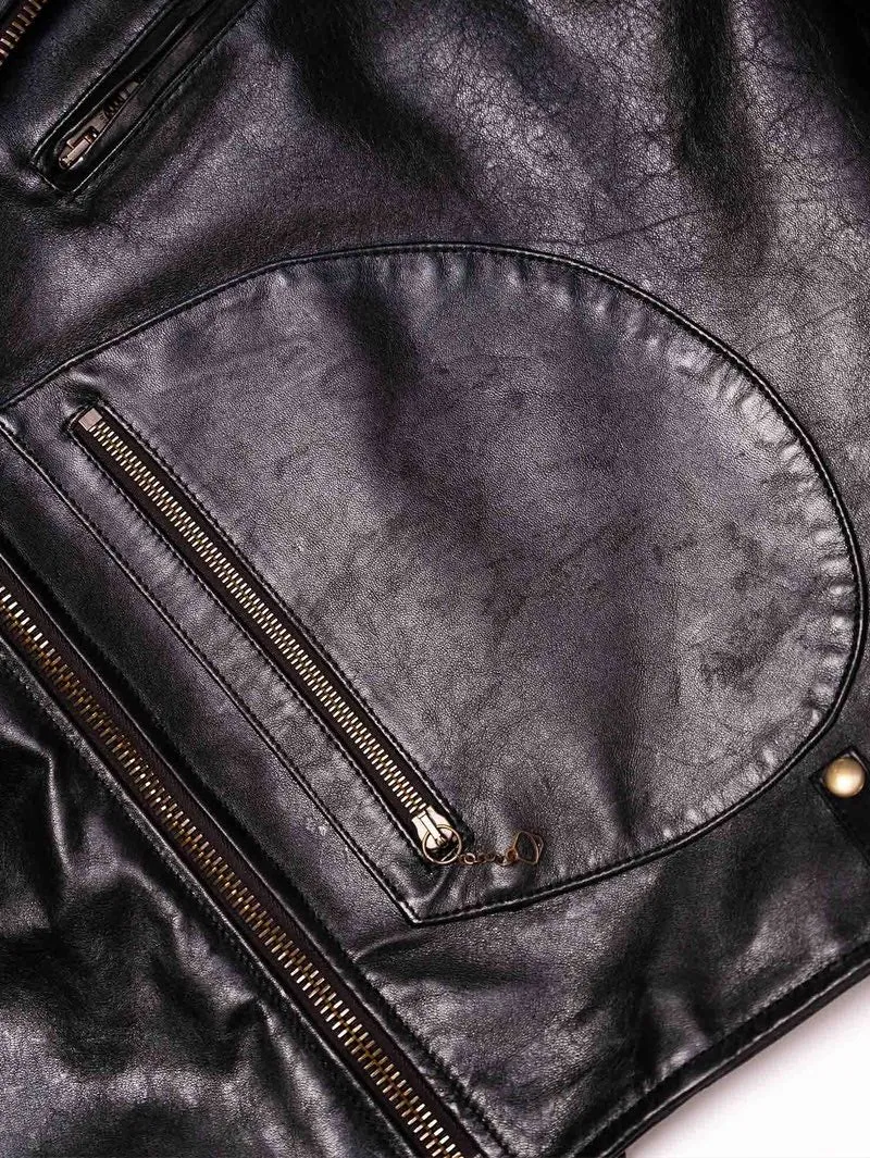 Shangri-La Heritage “Chiodo” Fur Collar Black Horsehide Leather Jacket