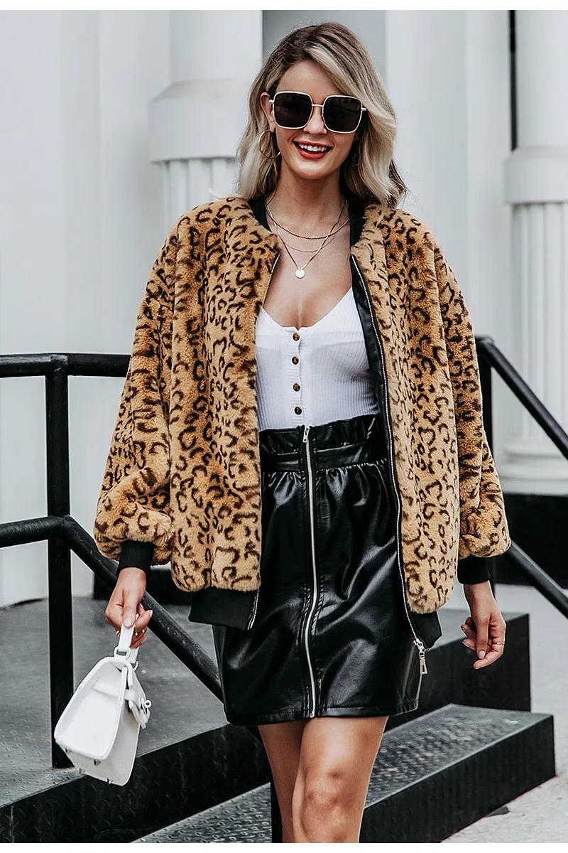 Simplee Leopard print faux fur women winter coat Long sleeve autumn jacket fur coat Casual zipper plus size female outwear coats