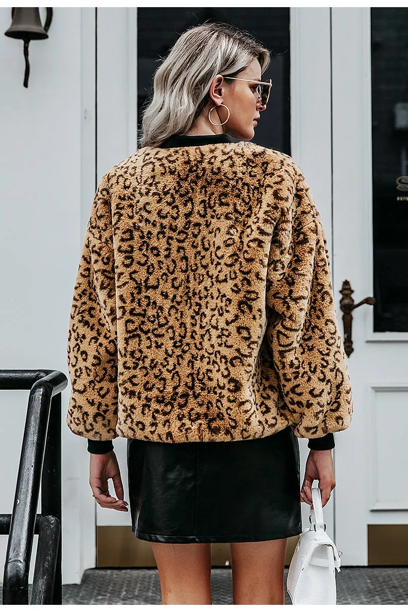 Simplee Leopard print faux fur women winter coat Long sleeve autumn jacket fur coat Casual zipper plus size female outwear coats