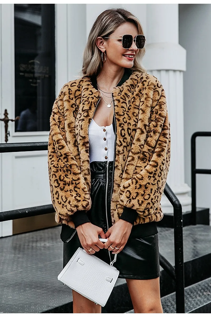 Simplee Leopard print faux fur women winter coat Long sleeve autumn jacket fur coat Casual zipper plus size female outwear coats