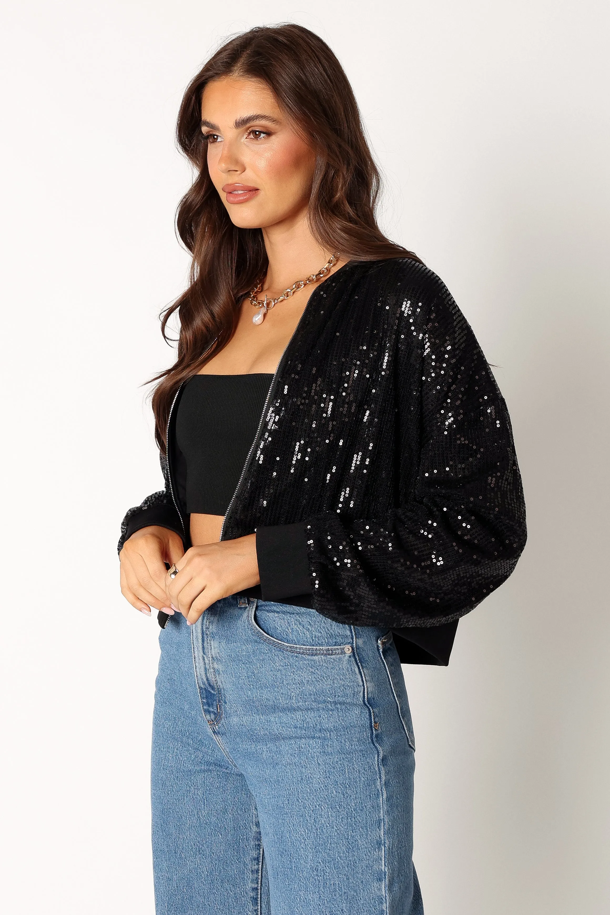 Stevie Sequin Bomber Jacket - Black