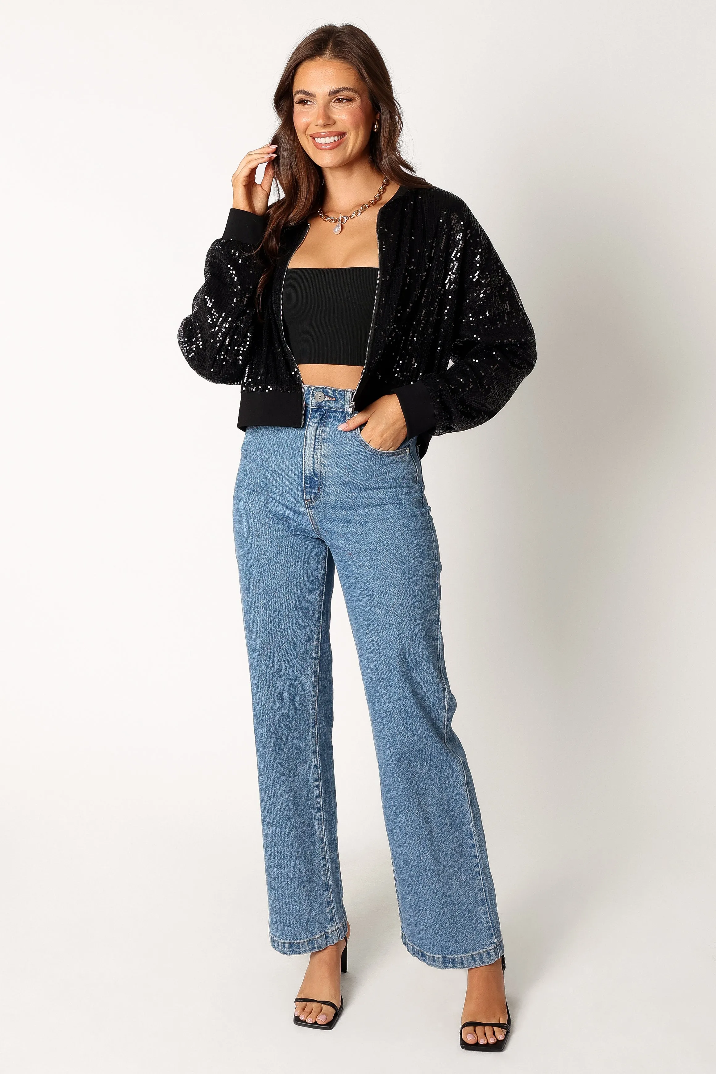 Stevie Sequin Bomber Jacket - Black