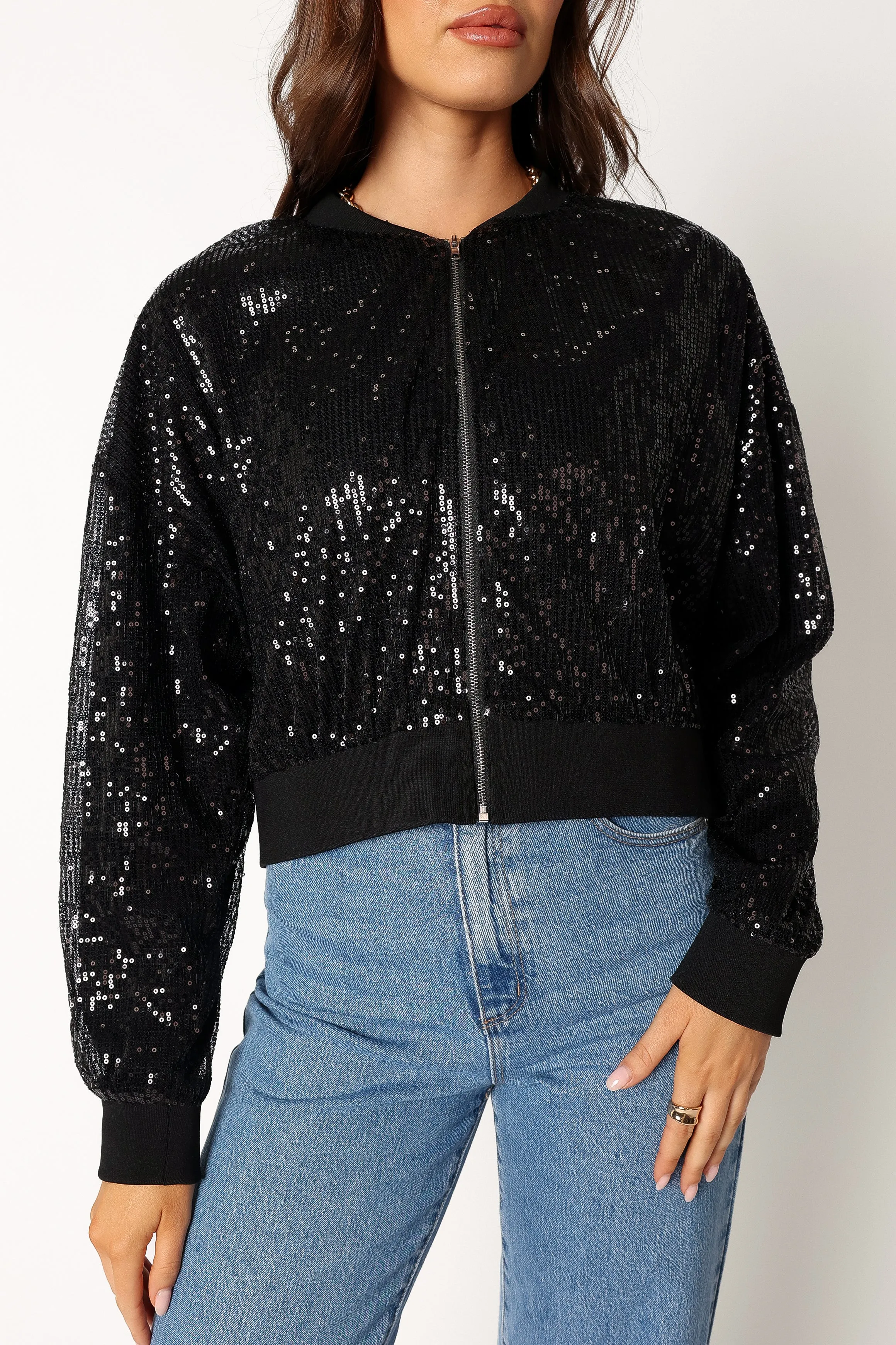 Stevie Sequin Bomber Jacket - Black