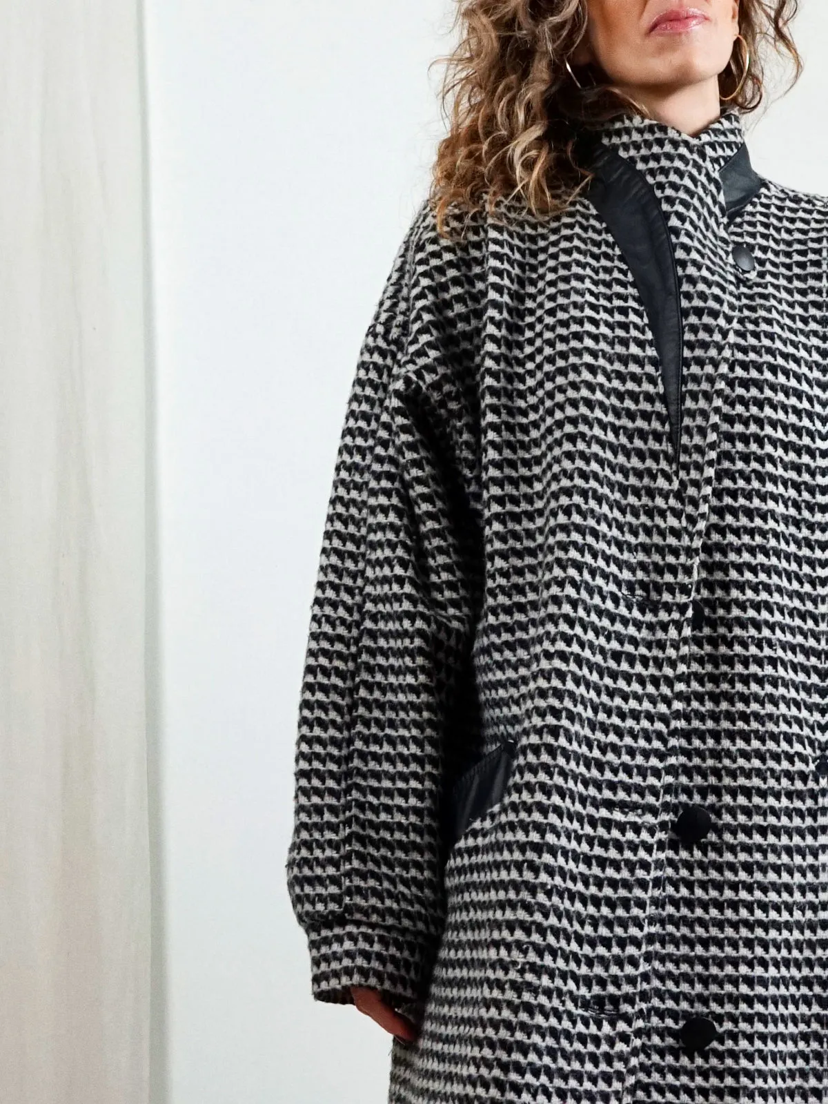 Vintage Houndstooth Leather Wool Coat