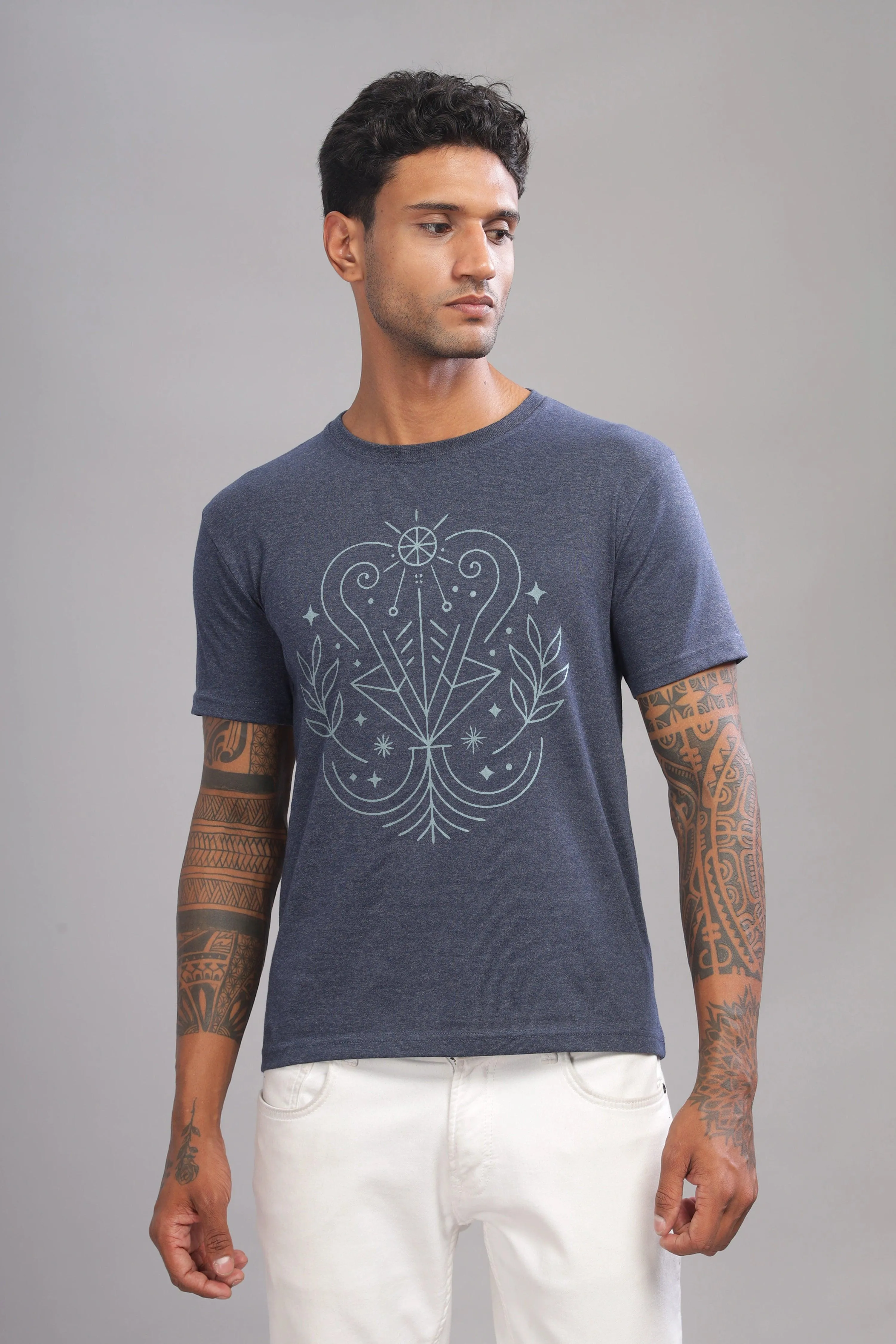 Virgo Vision Denim Blue Half Sleeve Printed Round Neck T-Shirt