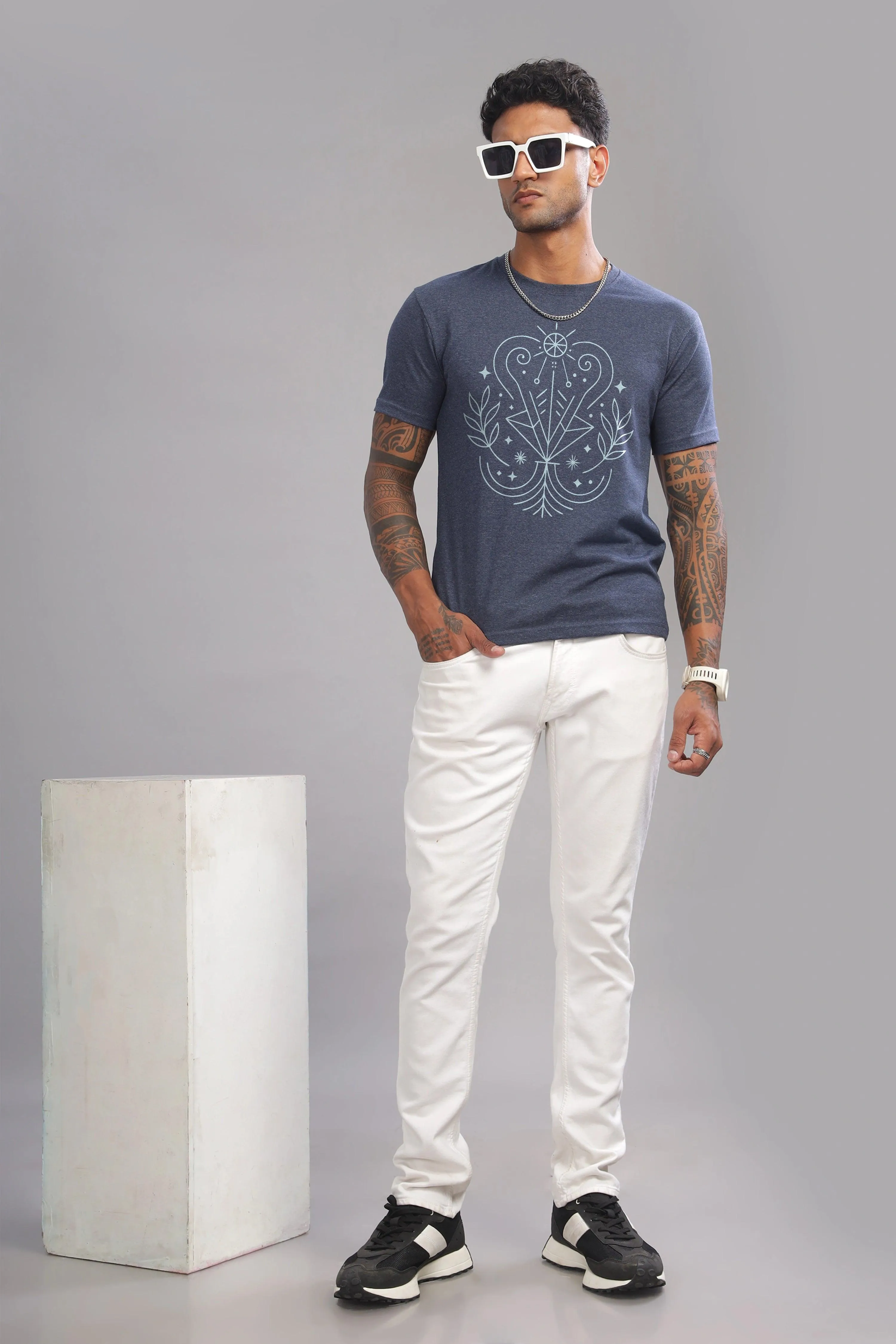 Virgo Vision Denim Blue Half Sleeve Printed Round Neck T-Shirt