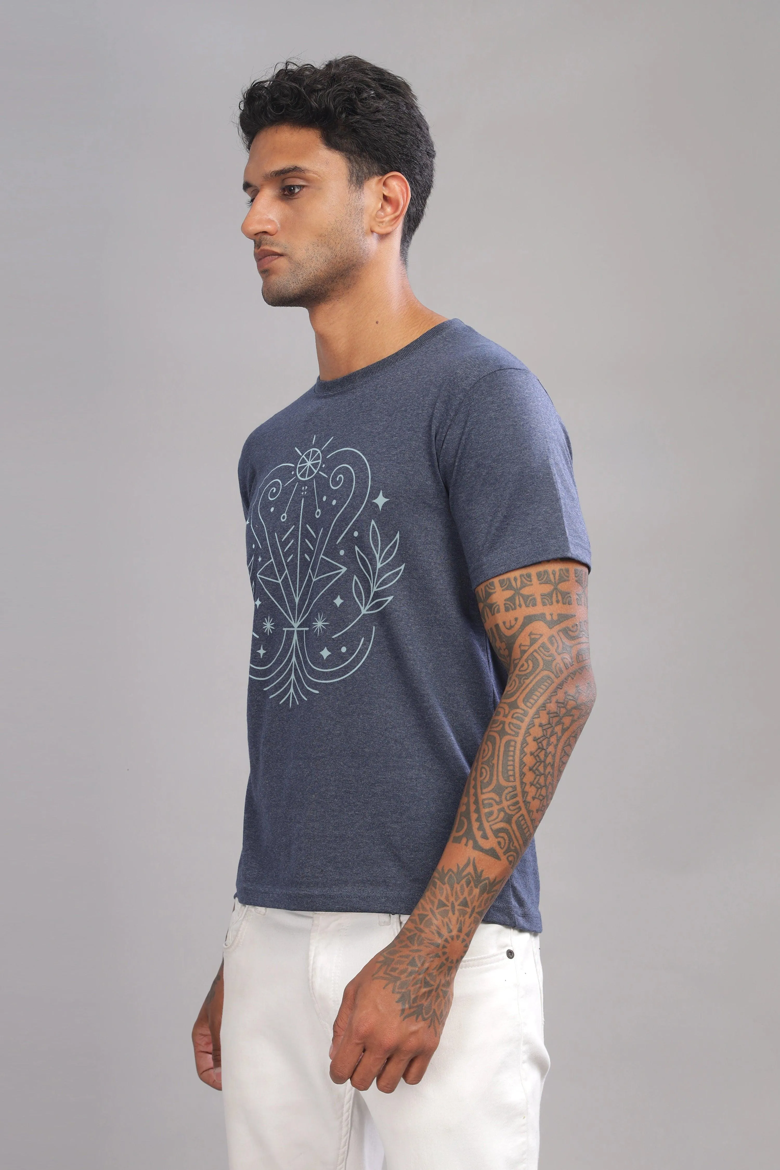 Virgo Vision Denim Blue Half Sleeve Printed Round Neck T-Shirt