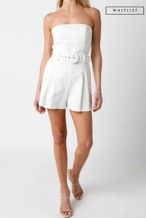 Waitlist 2/5 ♥ Mercedes Sleeveless Belted Denim Romper White