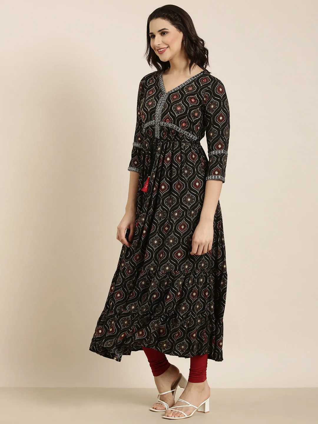 Women Anarkali Black Bandhani Kurta