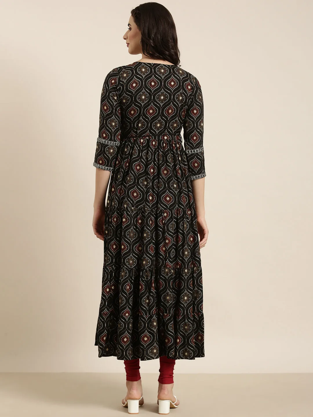 Women Anarkali Black Bandhani Kurta