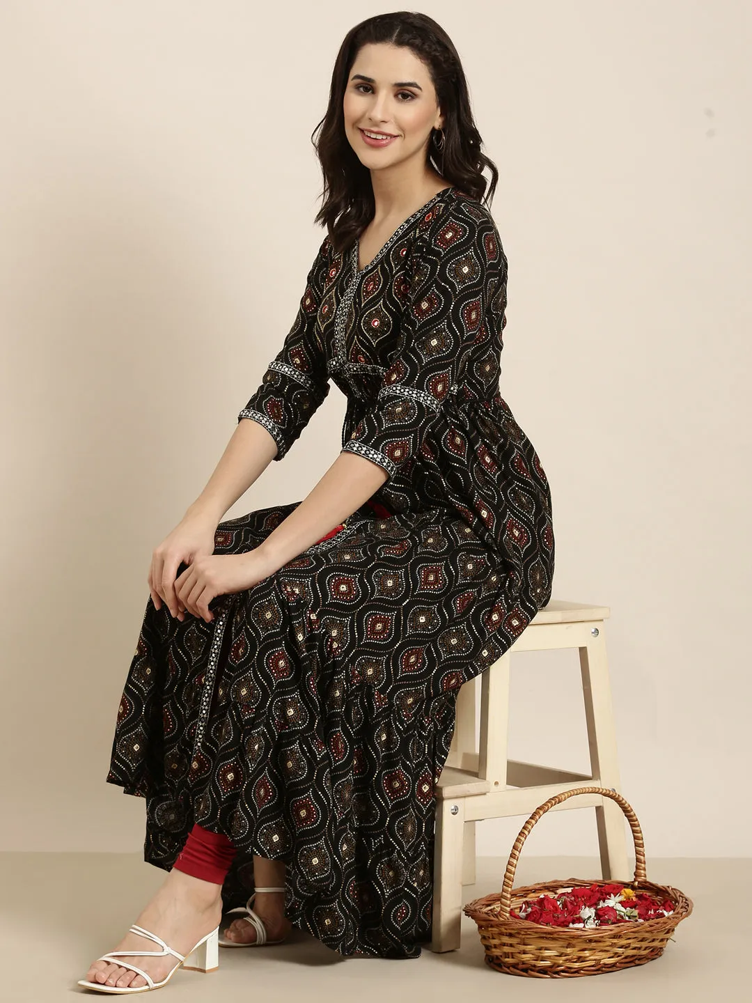 Women Anarkali Black Bandhani Kurta