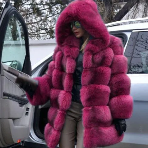 Women hooded long sleeve solid color open front faux fur coat