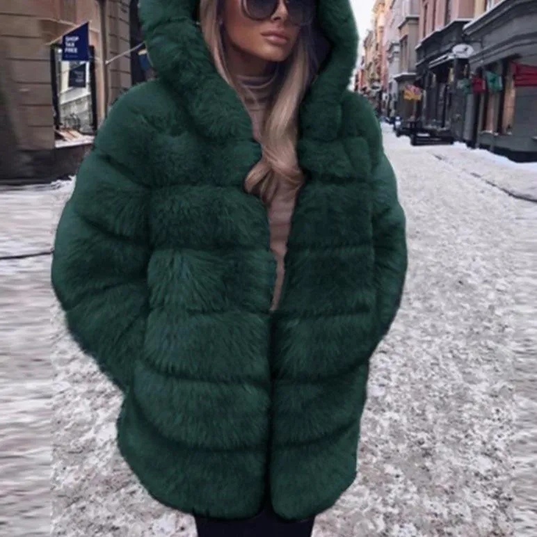 Women hooded long sleeve solid color open front faux fur coat