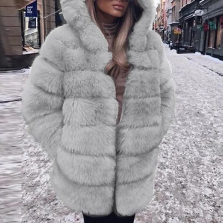 Women hooded long sleeve solid color open front faux fur coat