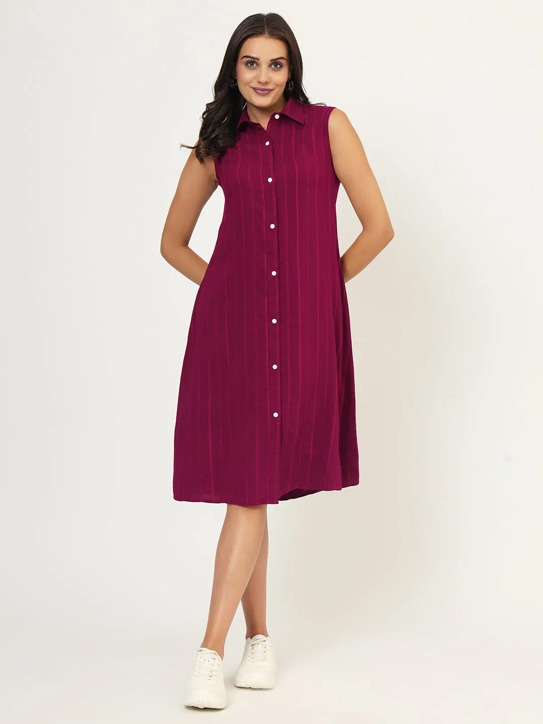 Women Shirt Collar A-Line Striped Dress