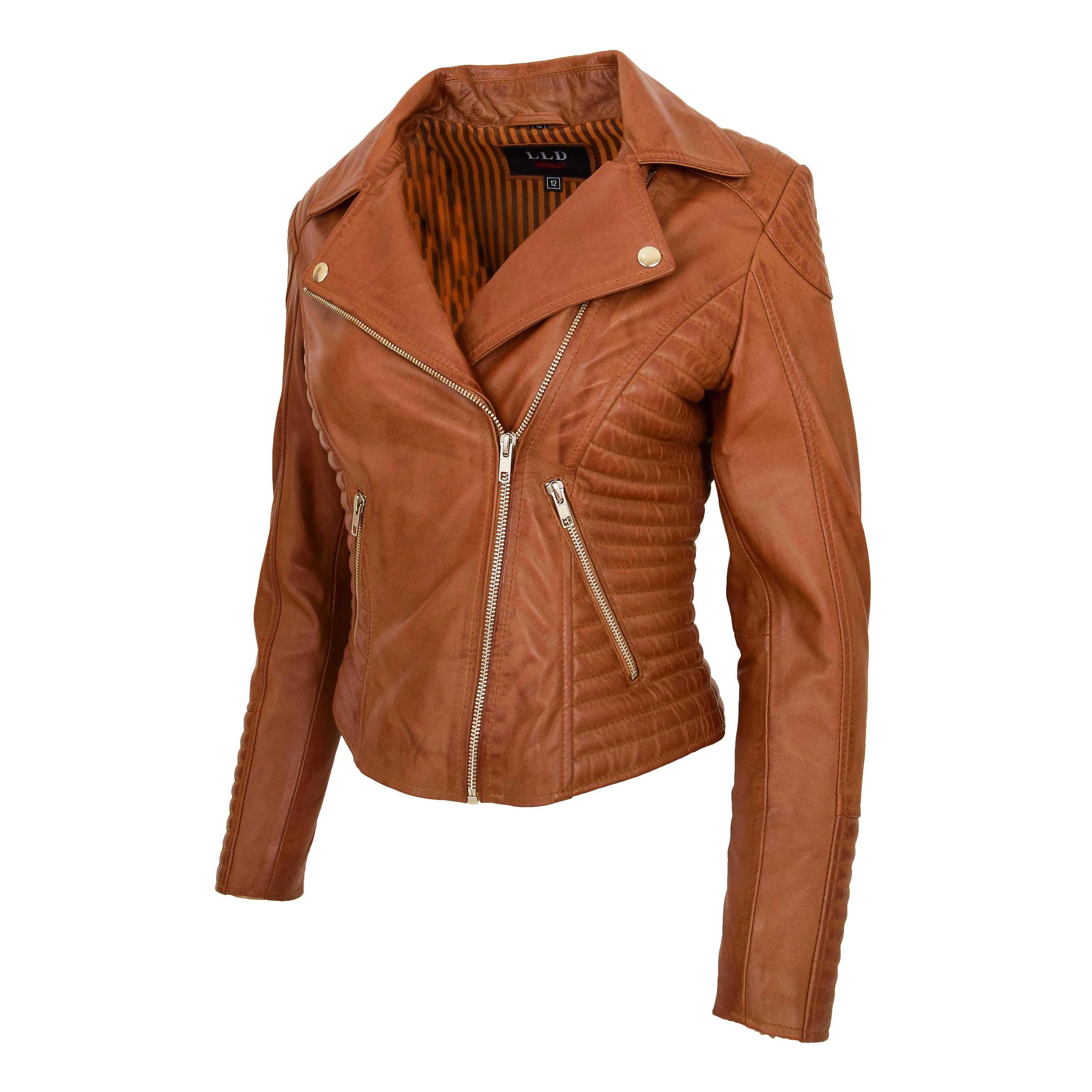 Womens Designer Leather Biker Jacket Fitted Quilted Bonita Tan