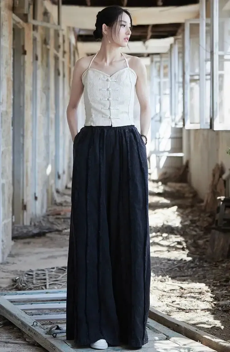 Women's Linen Pants Culottes with Retro Wide Leg Style