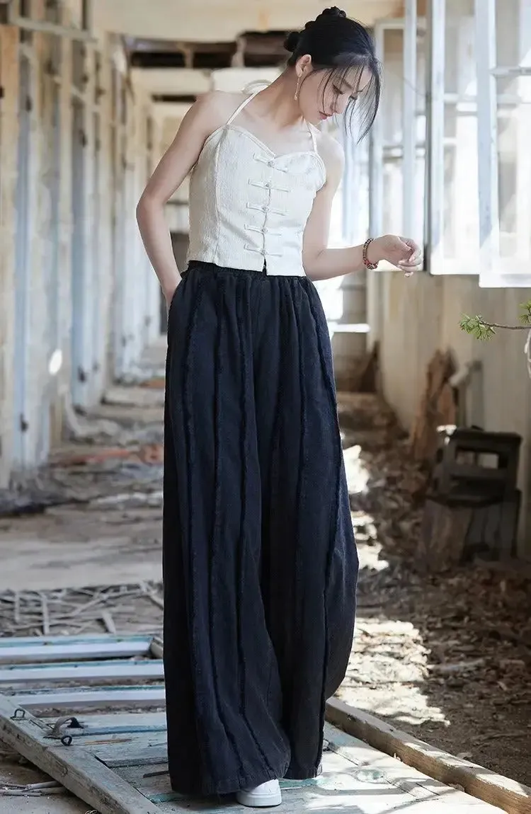 Women's Linen Pants Culottes with Retro Wide Leg Style