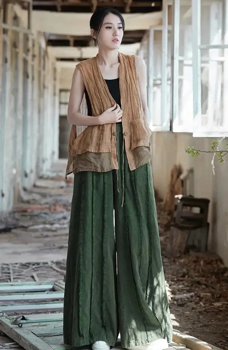 Women's Linen Pants Culottes with Retro Wide Leg Style