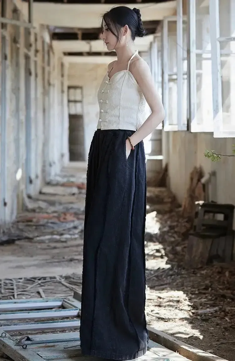 Women's Linen Pants Culottes with Retro Wide Leg Style