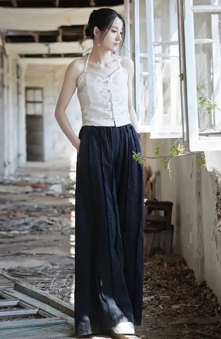 Women's Linen Pants Culottes with Retro Wide Leg Style