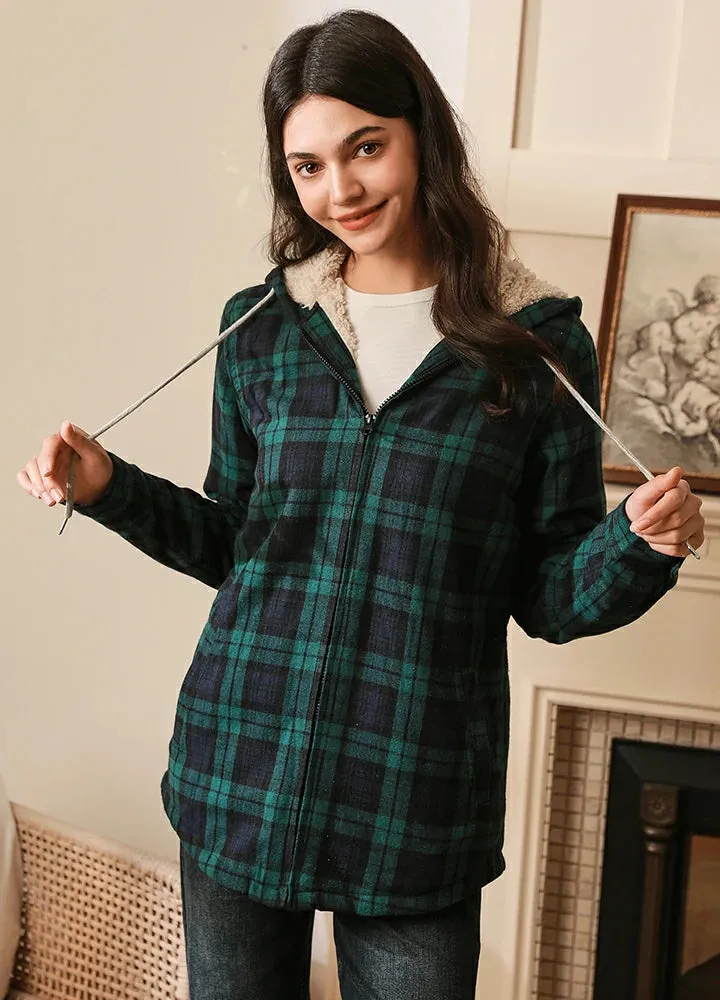 Women's Matching Family Zip Up Green Plaid Flannel Hoodie